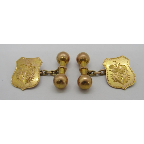 327 - Group of antique gold dress jewellery comprising a pair of 9ct cufflinks with engraved thistles, mak... 