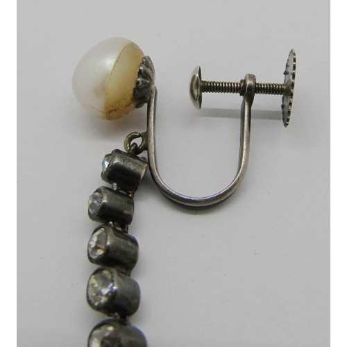 330 - Single antique French silver drop earring set with graduated diamonds and two pearls, with boar head... 