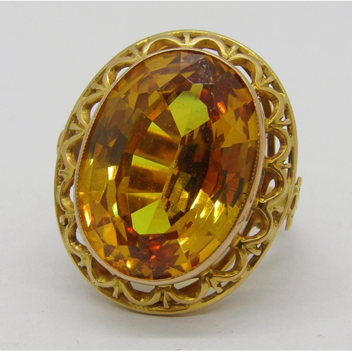 333 - Vintage synthetic yellow sapphire cocktail ring, the oval sapphire measuring 1.9 x 1.4cm approx, gol... 