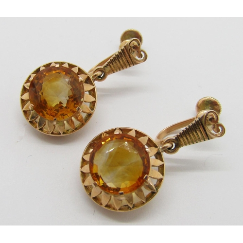 334 - Pair of 14ct citrine drop earrings with screw fastenings, topaz 1cm diameter approx, earrings 2.7cm ... 