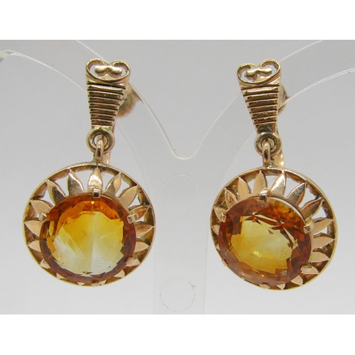 334 - Pair of 14ct citrine drop earrings with screw fastenings, topaz 1cm diameter approx, earrings 2.7cm ... 