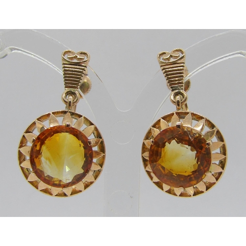 334 - Pair of 14ct citrine drop earrings with screw fastenings, topaz 1cm diameter approx, earrings 2.7cm ... 