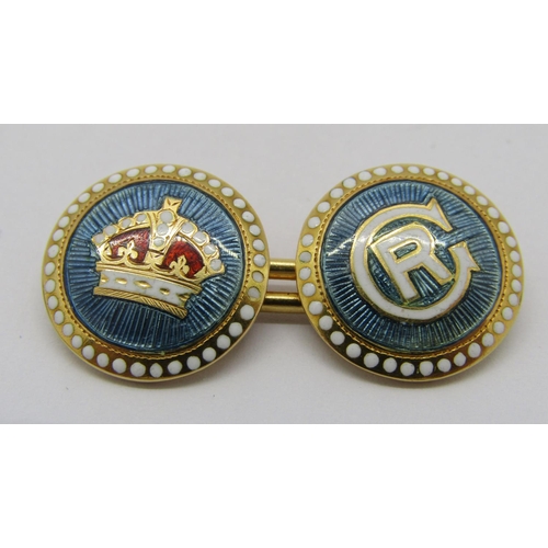 336 - Royal Interest - George V / George VI commemorative pair of 18ct cufflinks enamelled with 'GR' and a... 