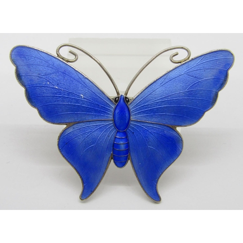 341 - Large silver butterfly brooch with blue enamel ground, maker 'JA&S', 6.5cm W approx