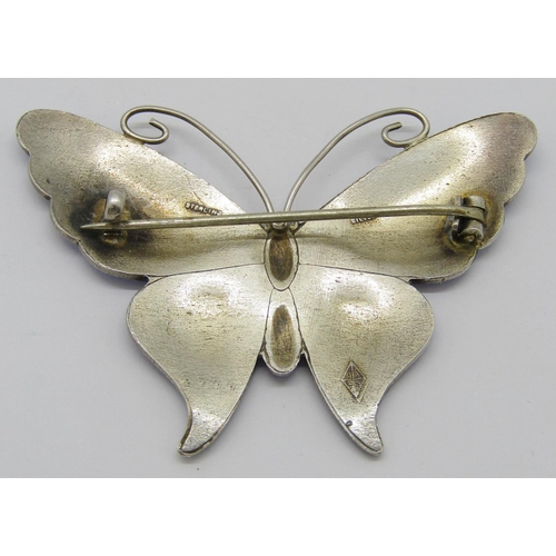 341 - Large silver butterfly brooch with blue enamel ground, maker 'JA&S', 6.5cm W approx