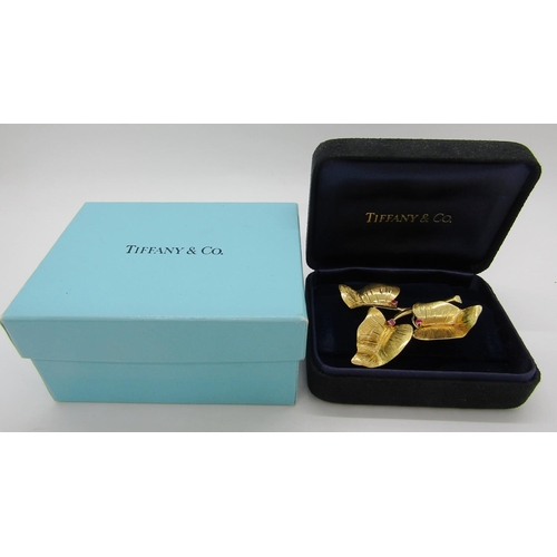 18k foliate design brooch set with pink spinels, stamped 'Tiffany&Co Italy K18', with Tiffany & Co. case and box