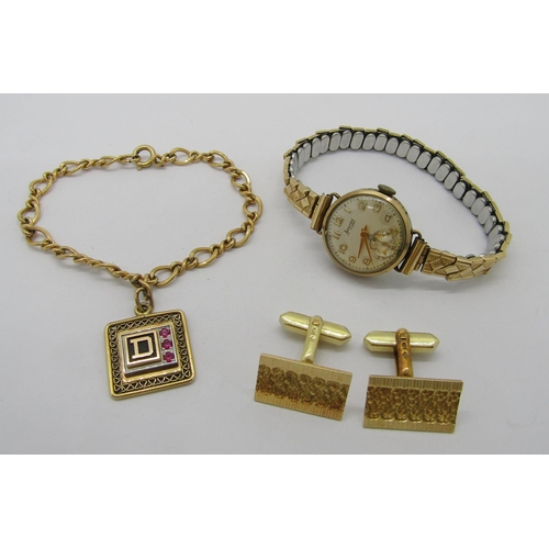 345 - Group of vintage jewellery comprising an Accurist lady's 9ct watch upon gold-plated bracelet, a pair... 