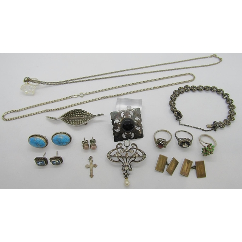 346 - Collection of silver and white metal jewellery to include a Belle Epoque style brooch set with paste... 