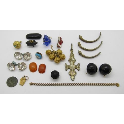 347 - Group of antique and later costume jewellery to include a pair of cabochon Whitby jet earrings with ... 