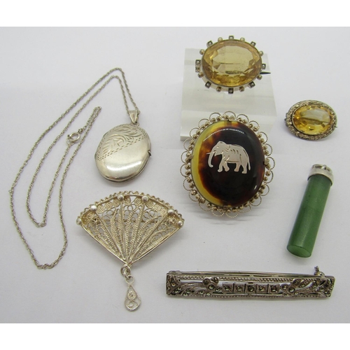 348 - Collection of silver and white metal jewellery to include an antique citrine brooch with beaded fram... 