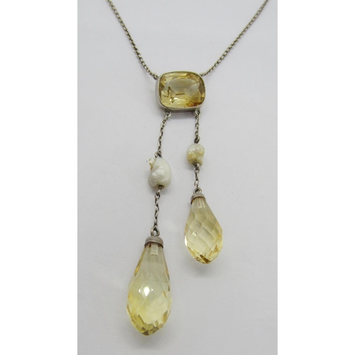 349 - 800 silver citrine and baroque pearl negligee necklace and a matched pair of briolette-cut citrine d... 