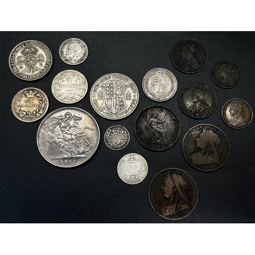 397 - An 1889 silver crown, a few other silver coins pre-1947, further bronze coinage