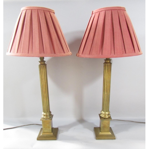 470 - A pair of brass column table lamps both with shades 48cm tall.