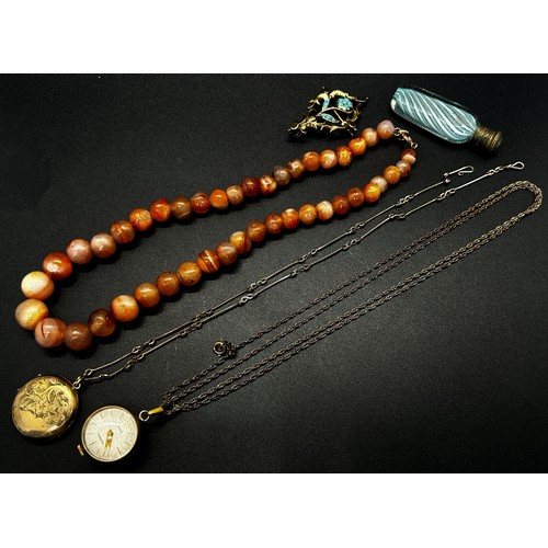 401 - A collection of bijouterie / jewellery items to include scent bottles, pin cushion, carnelian beads,... 