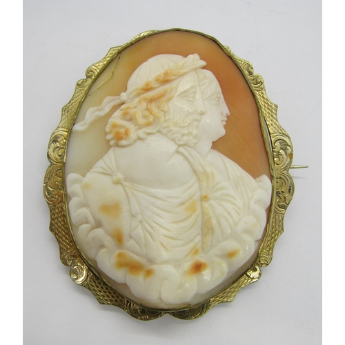 359 - 19th century gilt metal cameo brooch depicting Diana and Apollo amidst clouds, together with two mid... 