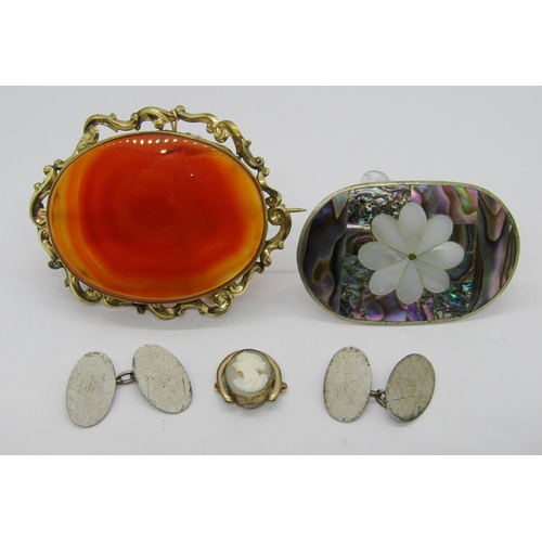 360 - Small group of jewellery including a large Victorian polished carnelian brooch with scrolled gilt me... 