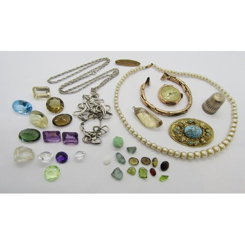 363 - Mixed lot including a vintage 9ct watch, a silver thimble, a collection of loose gemstones to includ... 