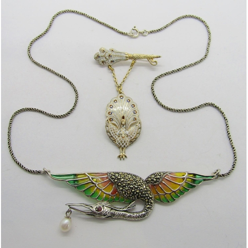 364 - Silver plique-à-jour enamelled necklace in the form of a heron, set with marcasite, ruby eye and pea... 