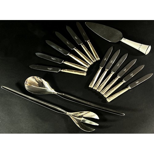 259 - Two cases of six silver handle fruit knives, a silver handled paper knife, a four-piece hairbrush se... 