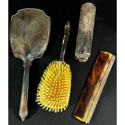 259 - Two cases of six silver handle fruit knives, a silver handled paper knife, a four-piece hairbrush se... 