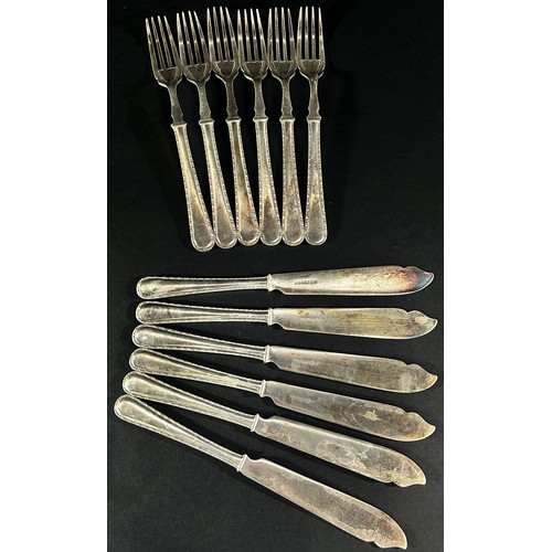 259 - Two cases of six silver handle fruit knives, a silver handled paper knife, a four-piece hairbrush se... 