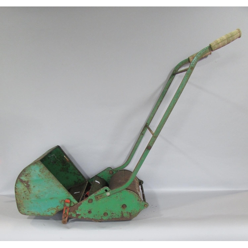 454 - A 19th century wooden wool winder, a brightly painted barge style flowery stool, and a child's lawn ... 