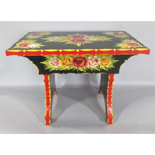 454 - A 19th century wooden wool winder, a brightly painted barge style flowery stool, and a child's lawn ... 