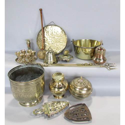 458 - A selection of Middle Eastern and European metalware including intricately engraved pots and bowls, ... 