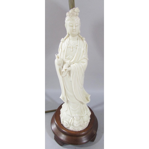 471 - A pair of figural table lamps, with Chinese Blanc de Chine figures of Guanyin, 40cm tall.