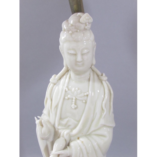 471 - A pair of figural table lamps, with Chinese Blanc de Chine figures of Guanyin, 40cm tall.