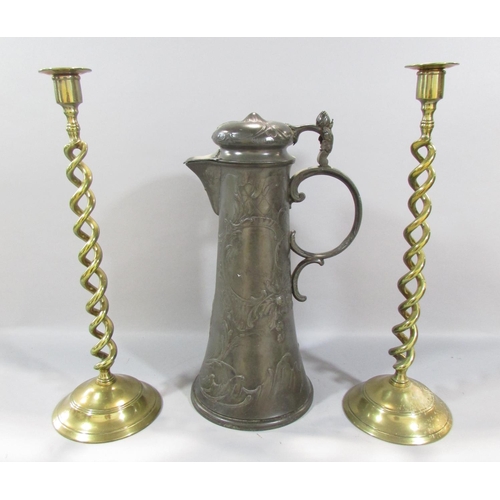 477 - A large Germanic pewter stein stamped 'Kayserzinn 4009' to the base, and a pair of 19th brass barley... 