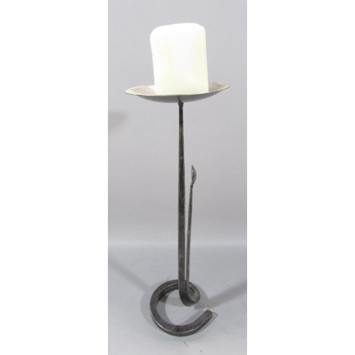 485 - A pair of hand forged iron candlesticks, 43cm high.