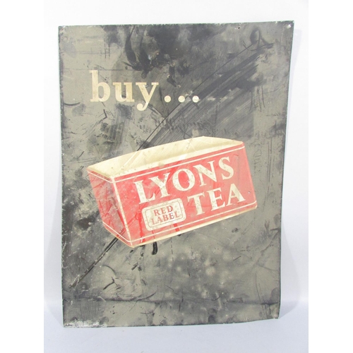 494 - A vintage enamel Lyons Red Label Tea advertisement sign, 51cm x 38cm and a Minimax fire extinguisher... 