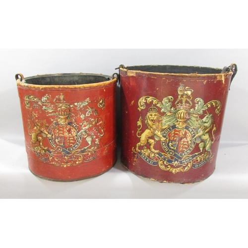 499 - Two 19th century distressed layered cardboard coal buckets, one with a metal liner, both hand painte... 