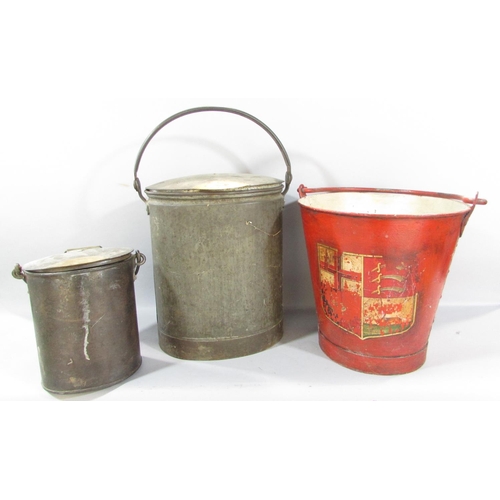 505 - A 19th century red Fire Brigade Bucket, and two galvanised milk pails.