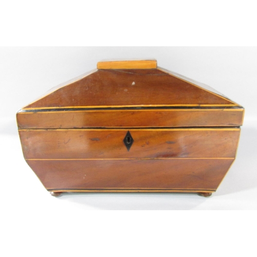 510 - A 19th century mahogany sarcophagus tea caddy with satin wood stringing (as found in need of restora... 