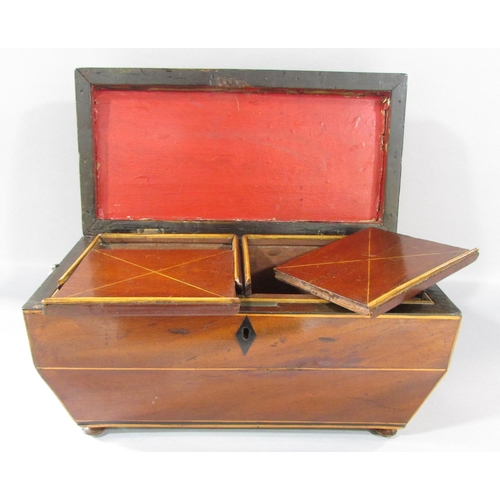 510 - A 19th century mahogany sarcophagus tea caddy with satin wood stringing (as found in need of restora... 