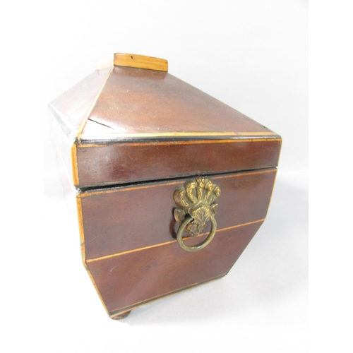 510 - A 19th century mahogany sarcophagus tea caddy with satin wood stringing (as found in need of restora... 