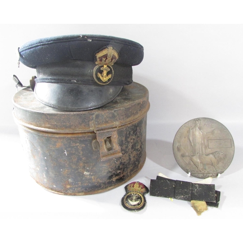 515 - A tin hat box containing a Naval Officer’s cap and Albert Ernest Mehagan’s death plaque.