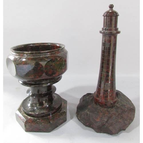 521 - A Cornish Serpentine marble lighthouse 26cm high, a Cornish Serpentine marble font 17cm high, togeth... 