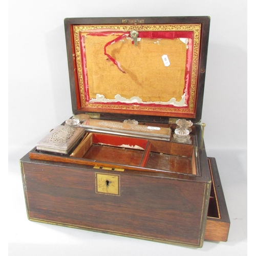 525 - A 19th century rosewood travelling stationery/ vanity box, with some original glass and silver plate... 