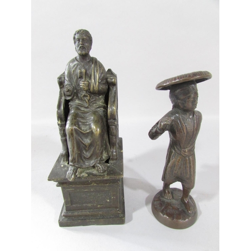 526 - A miscellaneous collection of small bronze and spelter statues, including St Peter, a camel, a violi... 