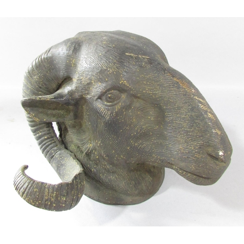 527 - A 19th century cast bronze study of a ram’s head with curly horns, 19cm.