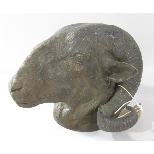 527 - A 19th century cast bronze study of a ram’s head with curly horns, 19cm.