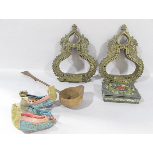 531 - A pair of Chinese Ceremonial Brass Stirrups, two pairs of miniature silk Chinese shoes, a wooden lad... 