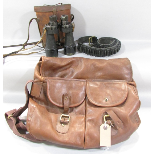 537 - A pair of vintage binoculars and leather case, together with a leather shoulder bag and a cartridge ... 