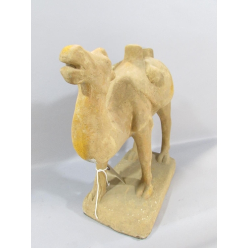 542 - A pair of Chinese terracotta Bactrian Camels, after the Tang originals, 34cm high x 35cm wide.