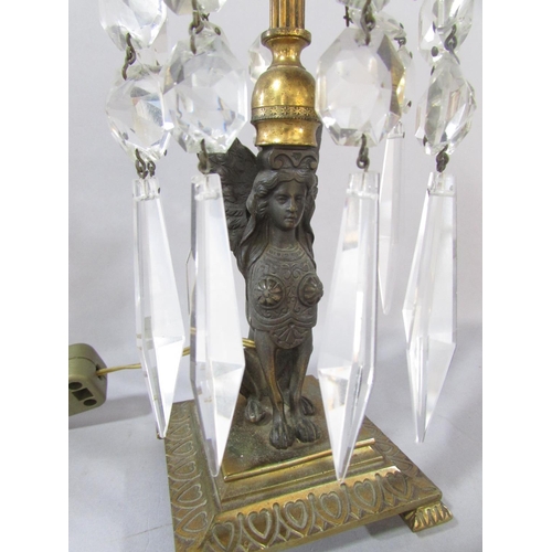 544 - A small pair French Empire Sphinx type table lustres, with shades, 25cm high.