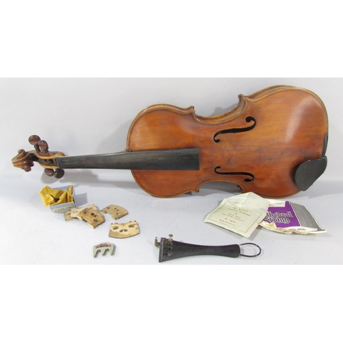 547 - An old violin, in need of restoration with no maker’s labels with a bow marked 'DODD', together with... 