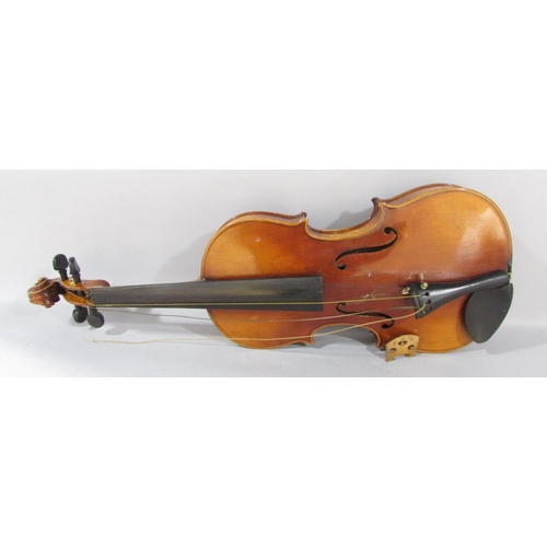 547 - An old violin, in need of restoration with no maker’s labels with a bow marked 'DODD', together with... 